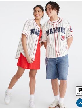 Marvel Unisex Pinstripe Baseball Jersey in White, Navy & Red